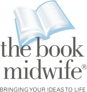 The logo of the Book Midwife company: a book and the brand name, plus the caption "bringing your ideas to life".